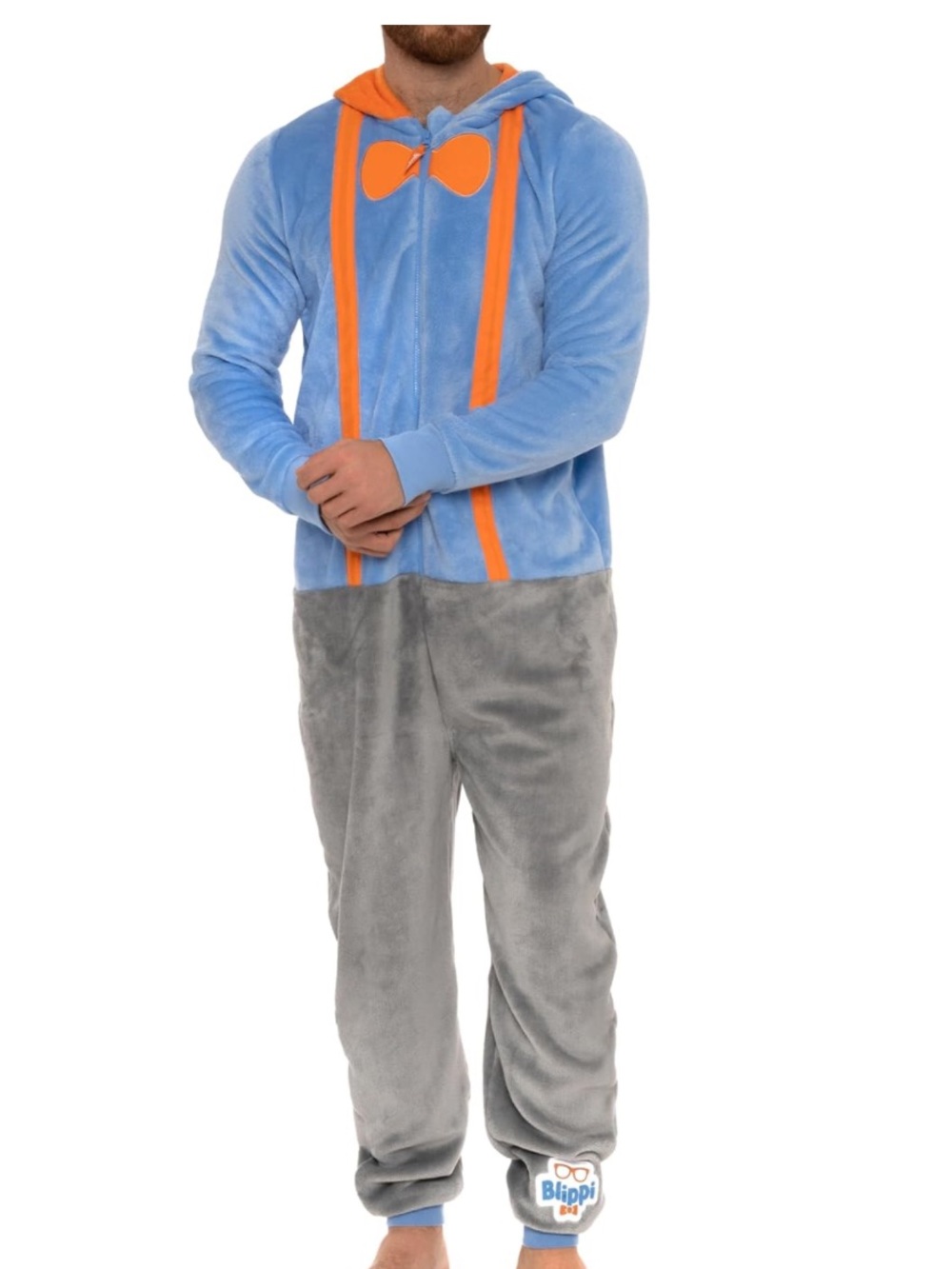 Men's Blippi Plush Hooded Halloween jumpsuit Blue & Orange size small